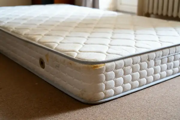 Matelas usagé, taché, avec des signes de dégradation. Le polyuréthane peut présenter un danger s'il est mal ventilé ou décomposé.