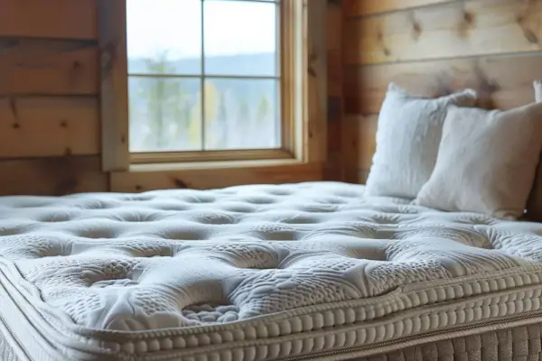 Garnissage matelas confortable avec motif capitonné, prêt pour une nuit paisible dans un chalet en bois, avec vue sur la nature par la fenêtre.