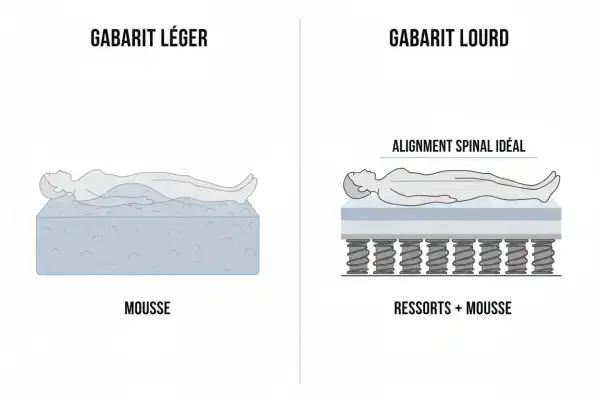 Comparaison : matelas en mousse (gabarit léger) affaissant le corps, et matelas à ressorts + mousse (gabarit lourd) assurant un alignement spinal idéal.