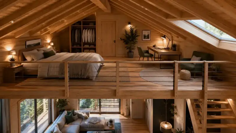 Aménagement mezzanine chaleureux avec lit douillet, bureau et coin détente. L'espace maximise le bois et la lumière naturelle.
