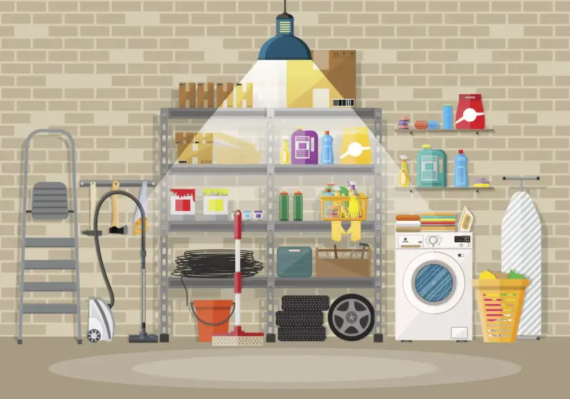 Étagères bien rangées, outils, aspirateur, machine à laver et panier à linge : une belle idée aménagement cave pour tout organiser.