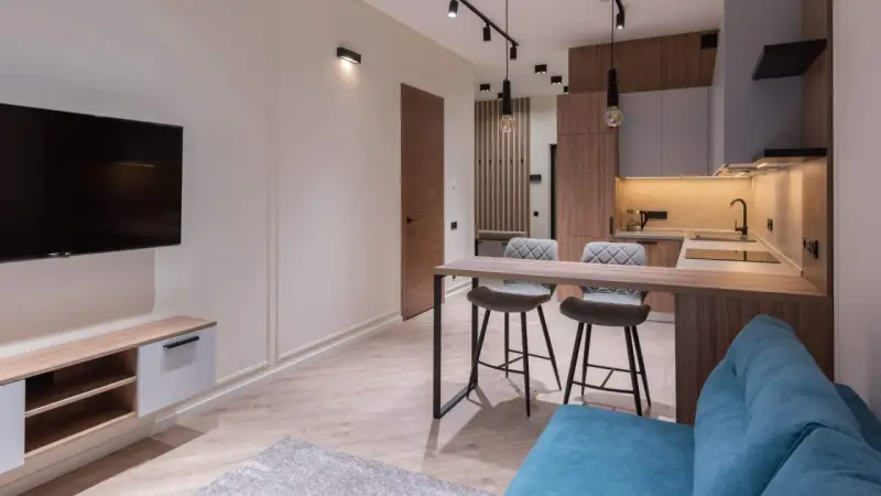 Un studio étudiant moderne avec coin cuisine, bar et salon. Idéal pour un deco studio etudiant fonctionnel et stylé.