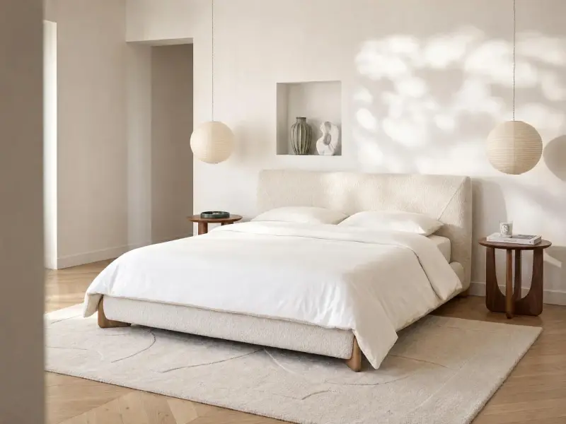 Un paisible lit king size taille, drapé de blanc immaculé, invite à la détente dans une chambre épurée.