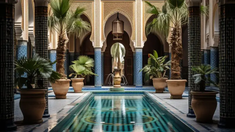 Un magnifique patio marocain avec une piscine centrale, des palmiers et des fontaines, orné de zelliges bleus et de colonnes sculptées.