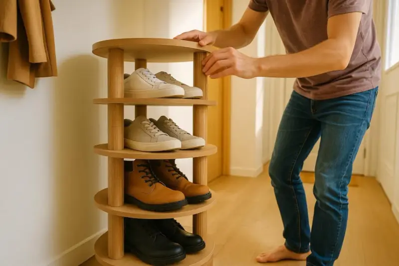 Étagère à chaussures ronde en bois, parfaite pour organiser vos chaussures. Un exemple de meubles DIY astucieux.