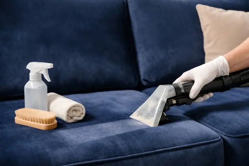 Nettoyer tache canapé velours : un aspirateur extrait la saleté d'un tissu bleu. Brosse, serviette et spray à proximité.
